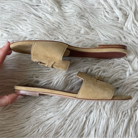 Loro Piana Natural Tan Open Toe Flat Suede Charm Slide Mules EUC Size 37.5 - Picture 2 of 12